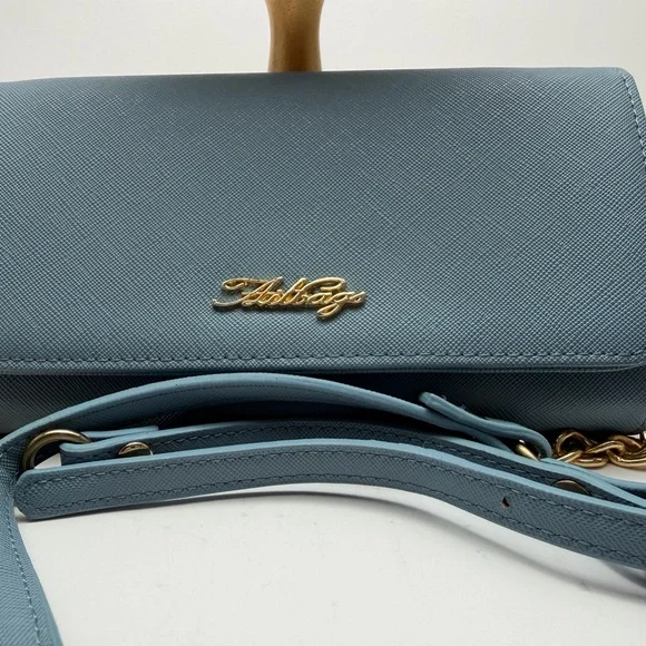 Saffiano Light Blue Crossbody Bag with Gold Chain Strap - Picture 2 of 10